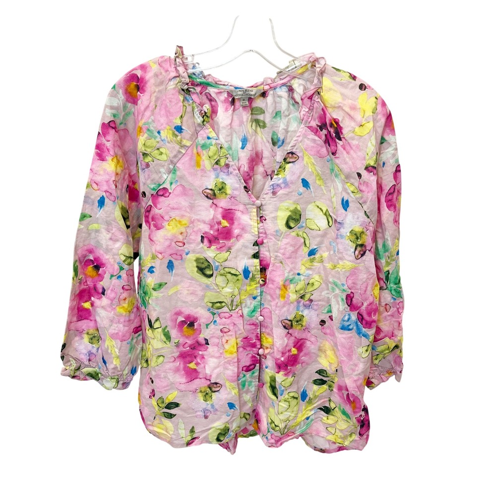 Hester & Orchard Floral Linen Blend Blouse XL Pink Watercolor Ruffle V-Neck Top